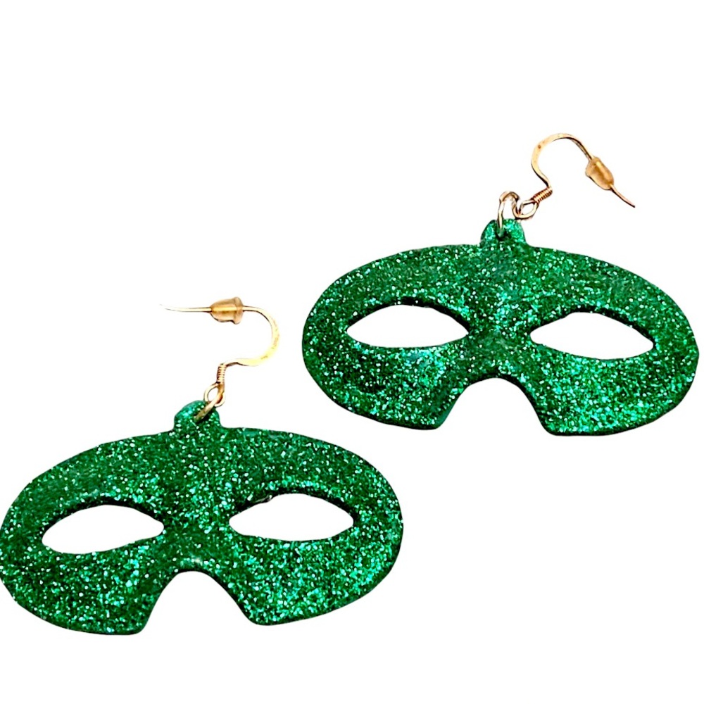 Mardi gras sparkly green mask earrings new